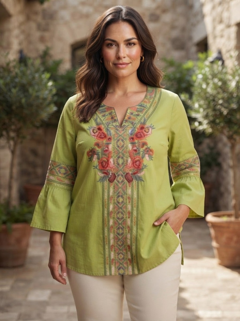 Calessa Lime Green Embroidered Cotton Boho Tunic Top Blouse Flared Sleeve Sz 2X